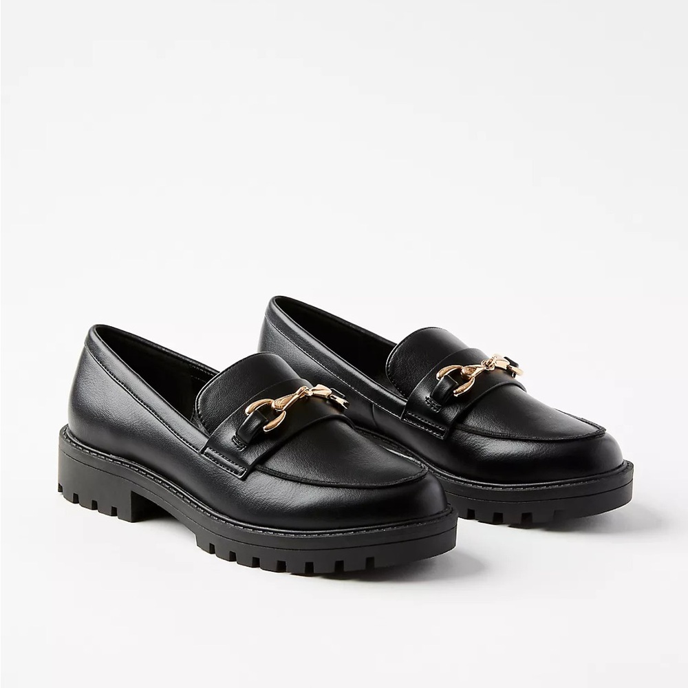 Black Lug Sole Loafers with Gold Accent from LOFT